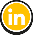 A white LinkedIn logo on a yellow button.